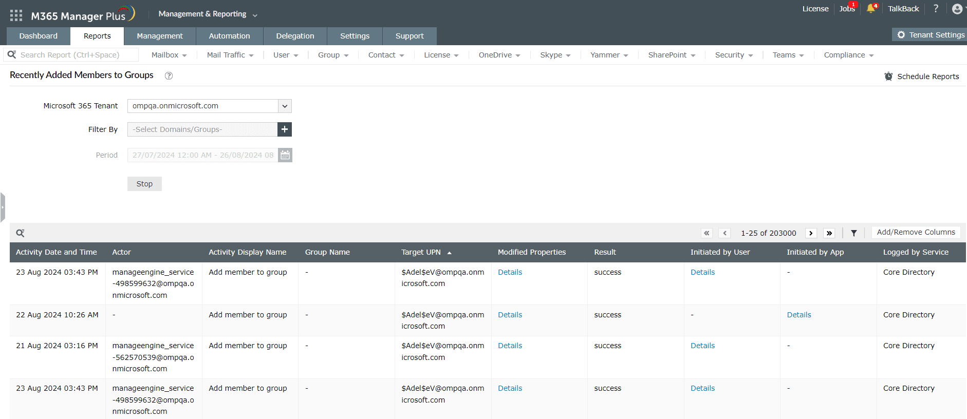 The Recently Added Members to Group report with the configuration to search for members added to a group in the last seven days.