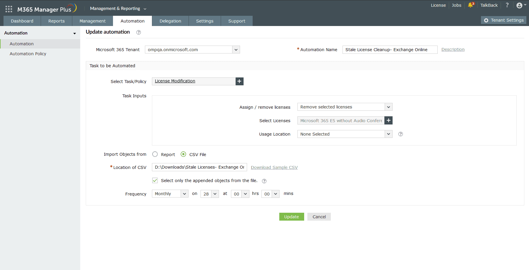 The Create New Automation page with the settings configured to automate the removal of inactive licenses of users in Microsoft Entra ID on the 28th of every month at 00:00.