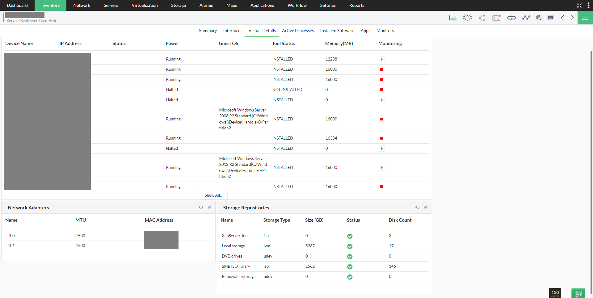 Monitoring Citrix Xen server - Snapshot page