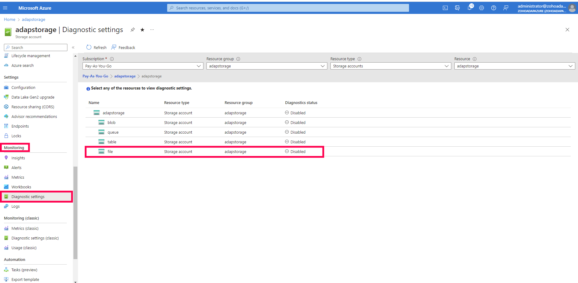 Diagnostic settings