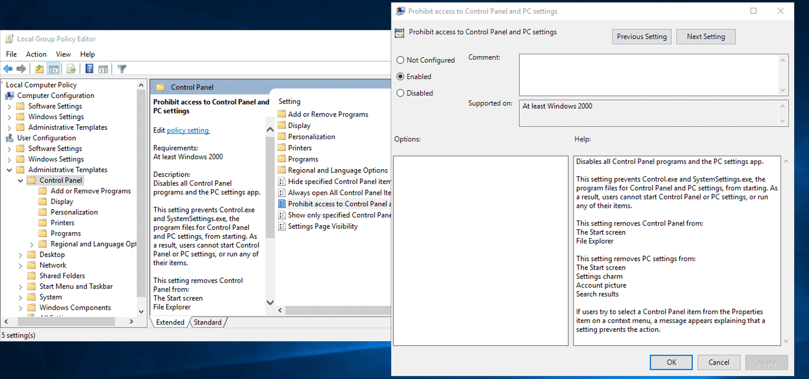 Prohibit access to Control Panel and PC settings policy