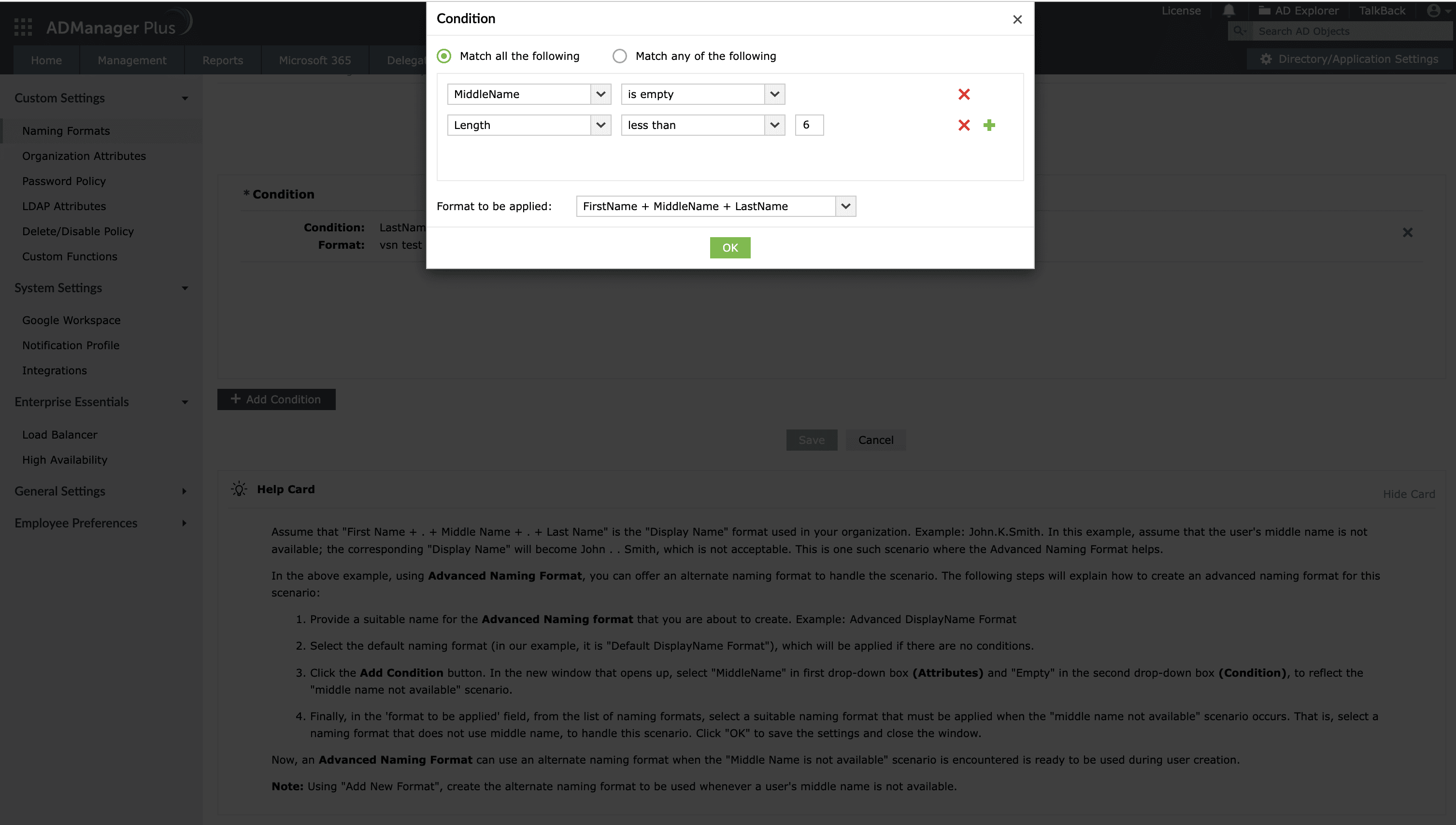 Adding conditions to naming formats in ADManager Plus.