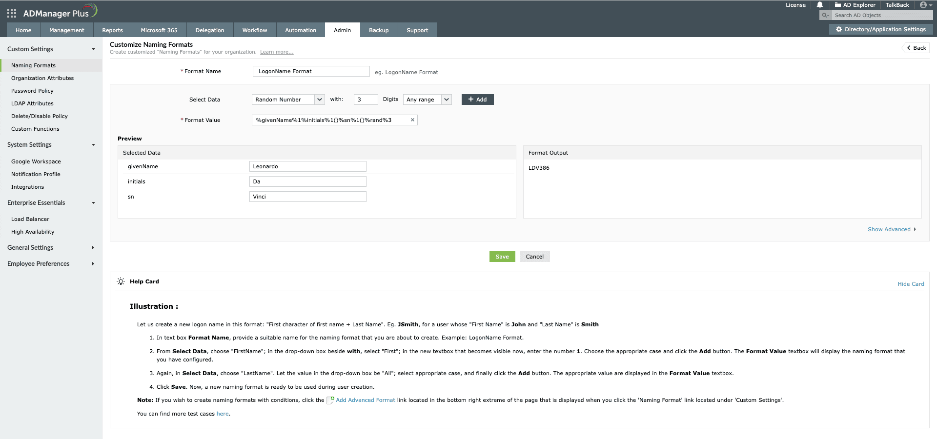 Logon name format using initials and a random number in ADManager Plus.
