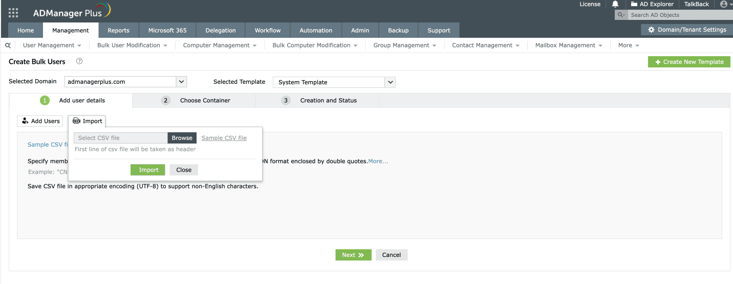 Import a CSV file with user data and create multiple users instantly