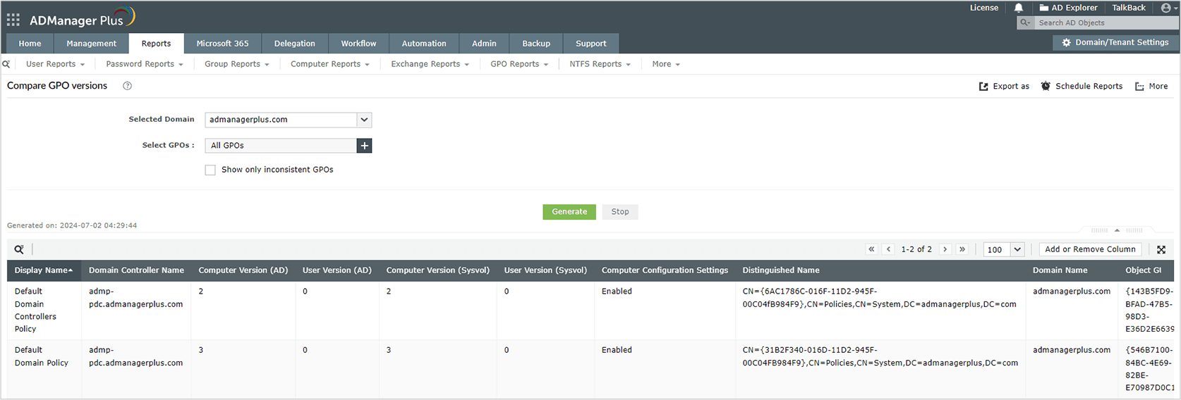 Screenshot of Compare GPO Versions report under GPO Reports in ADManager Plus.