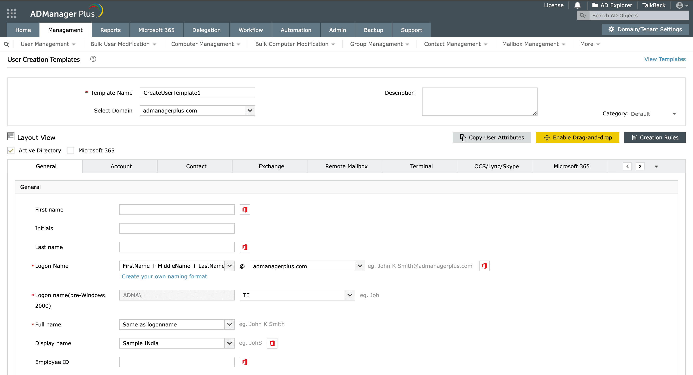 Provision user accounts in bulk using the user creation templates in ADManager Plus.