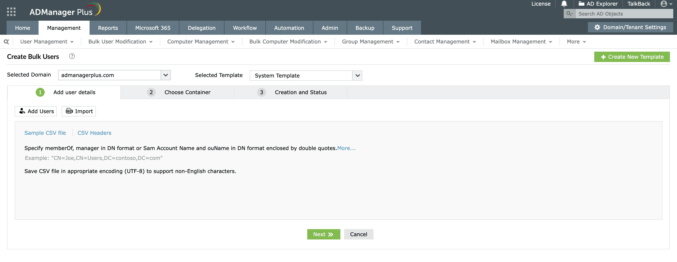 Provision user accounts in Active Directory using CSV files in ADManager Plus.