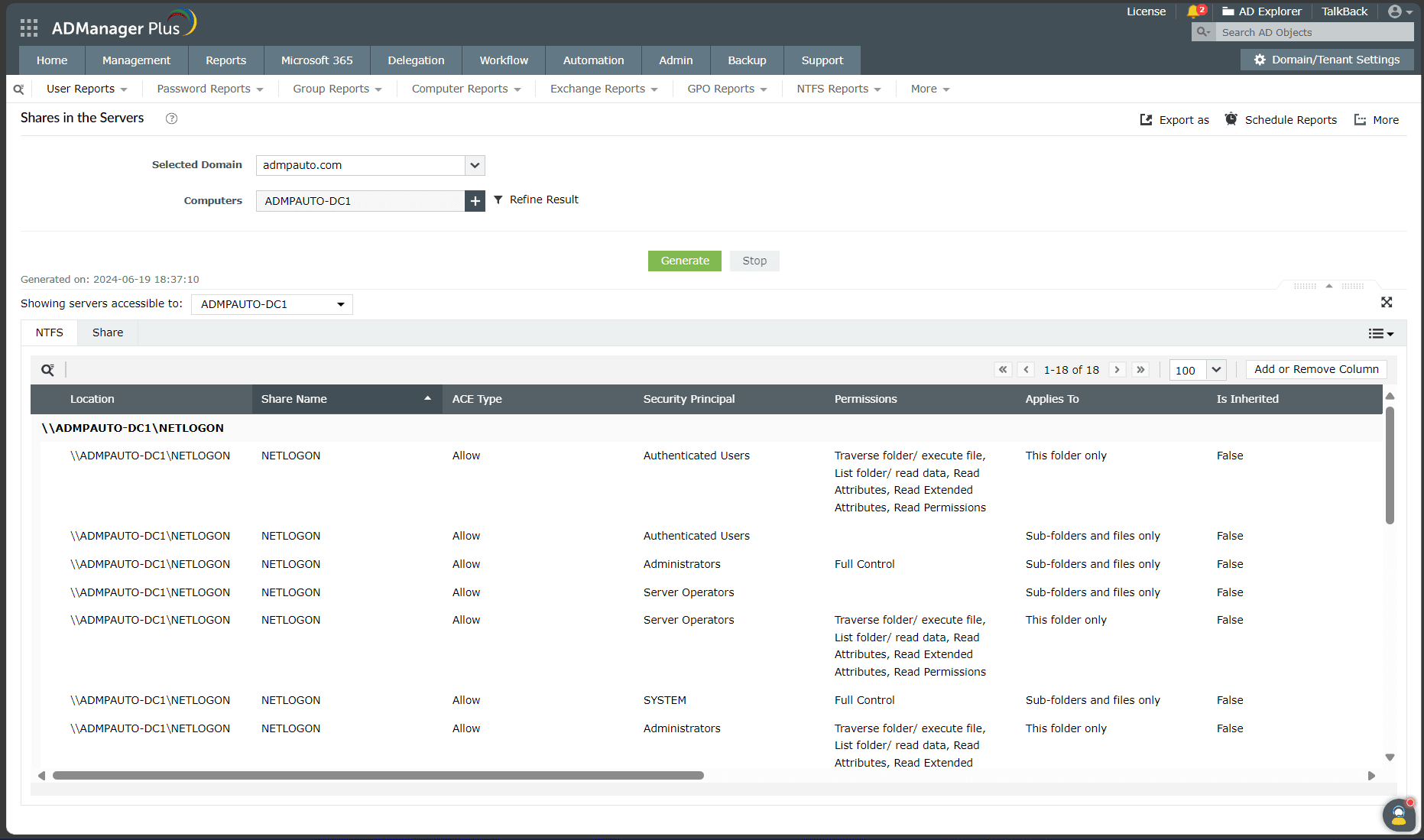 Screenshot of the Shares in the Servers report under NTFS Reports in ADManager Plus.