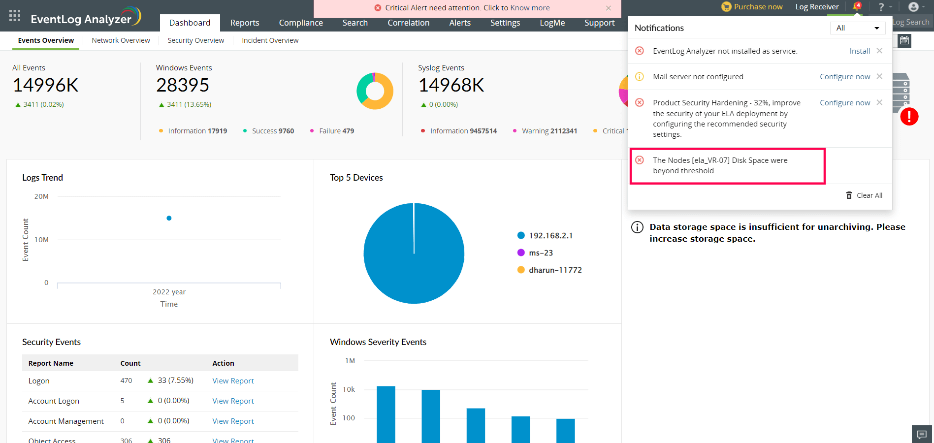 Disk Monitoring for Search Nodes in EventlogAnalyzer