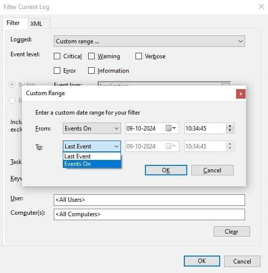 Filtering logs based on date and time using Windows Event Viewer