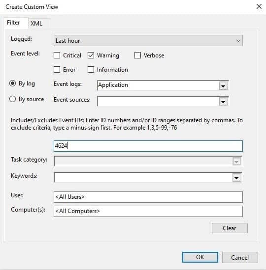 Creating custom view in Windows Event Viewer