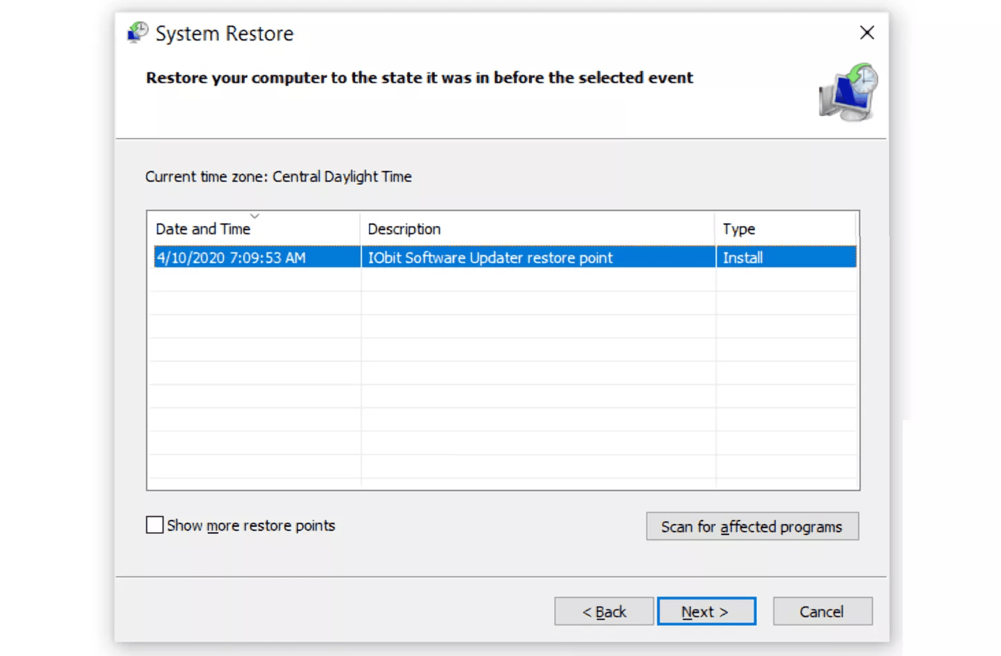 Performing a system restore in Windows