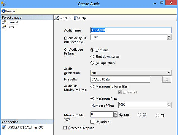 Creating an SQL Server Audit object