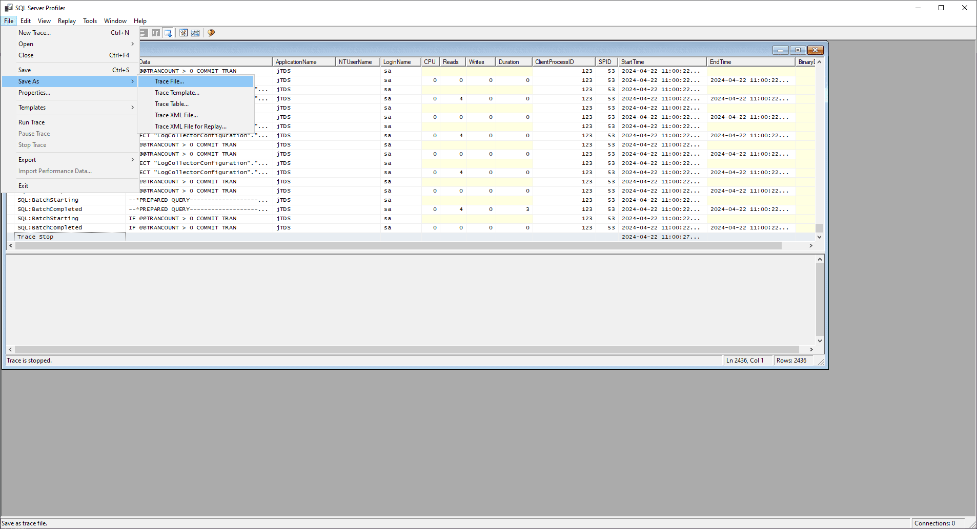 Save SQL Trace data to a file