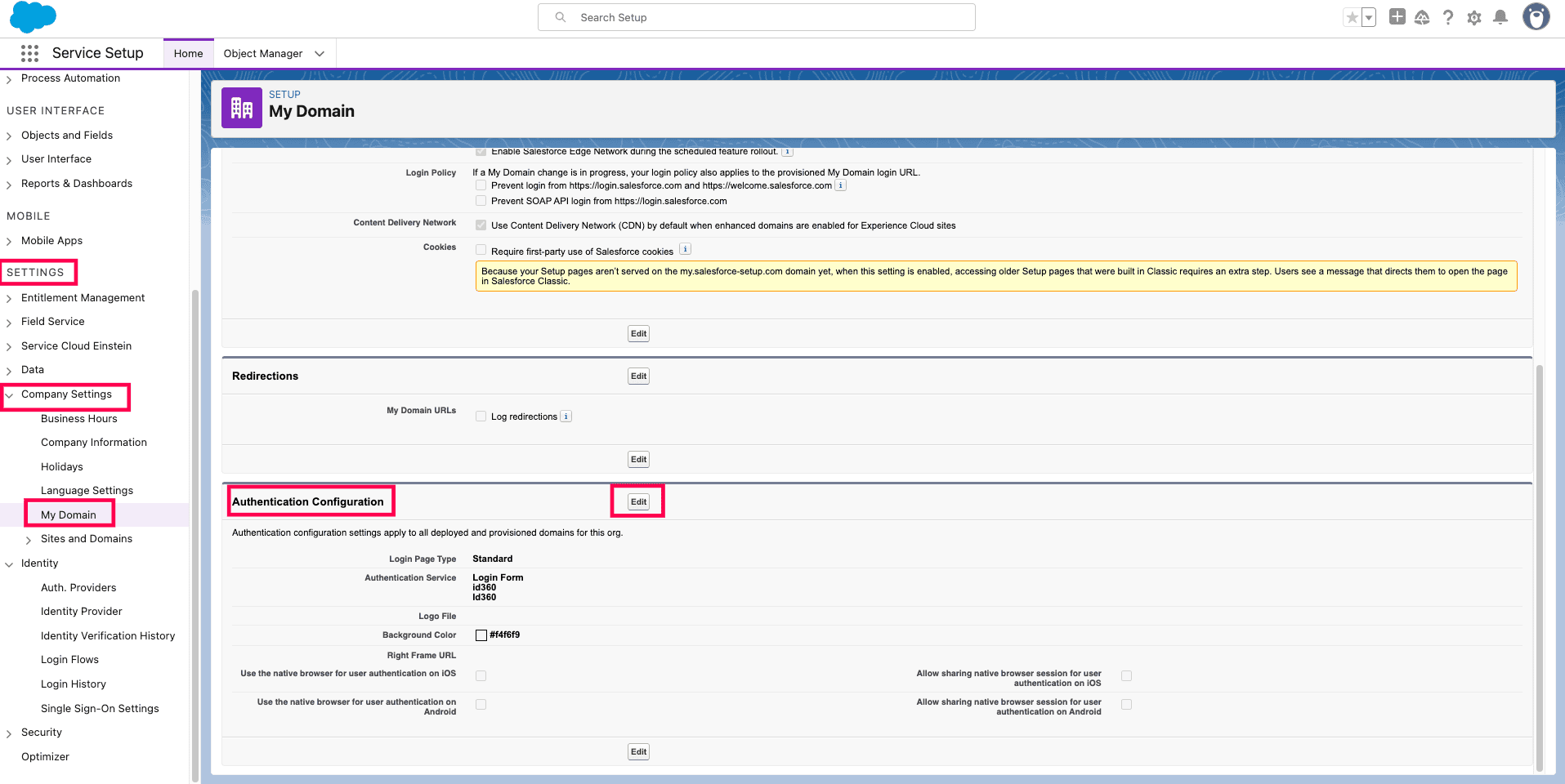 Authentication configuration details in ADSelfService Plus for Salesforce SSO