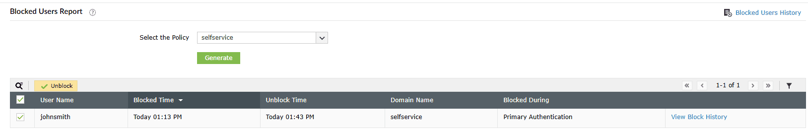 Unblocking users in the ADSelfService Plus Blocked Users Report.