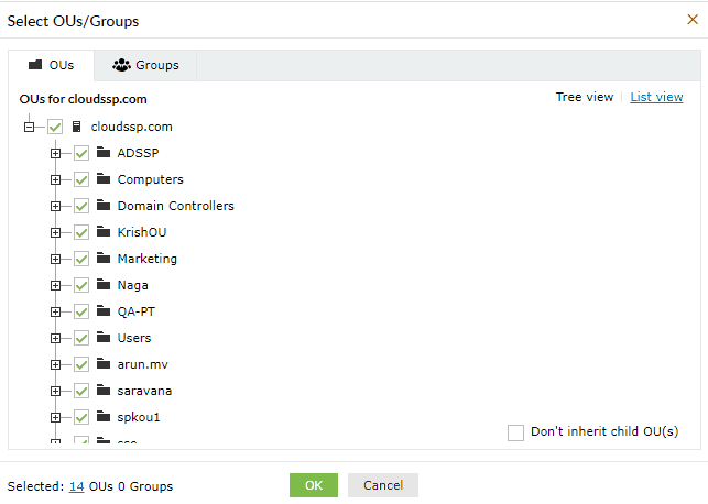 Configuring specific OUs for policies in ADSelfService Plus.