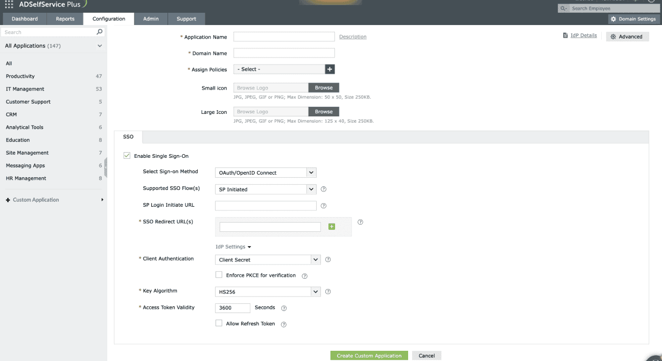 Selecting SP-Initiated flow from the Supported SSO Flow drop-down.