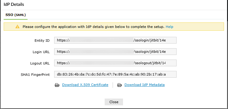 IdP details in ADSelfService Plus for JitBit SSO
