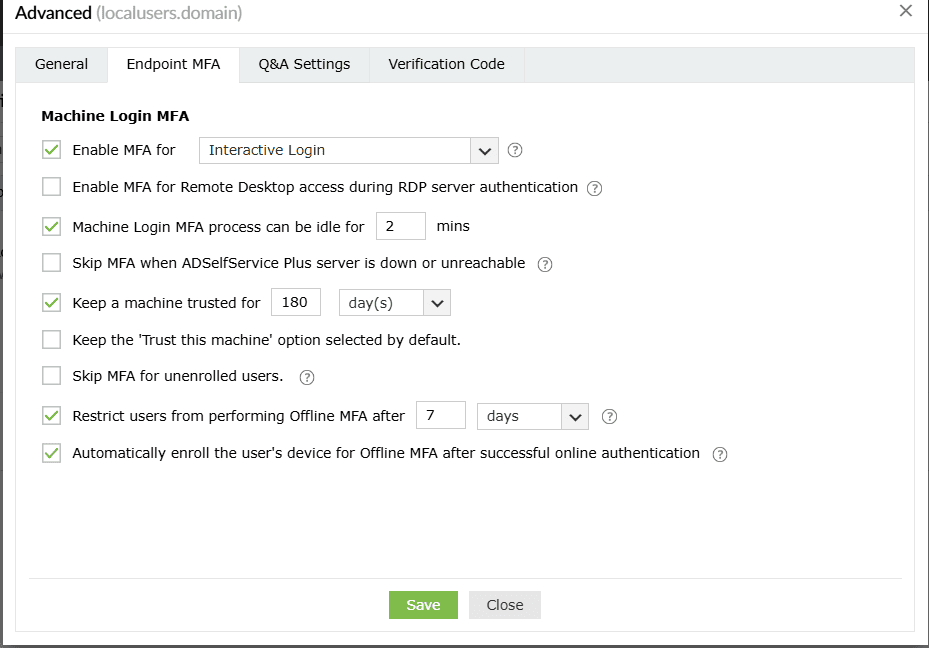 Overview of the Endpoint MFA local user MFA advanced configuration settings