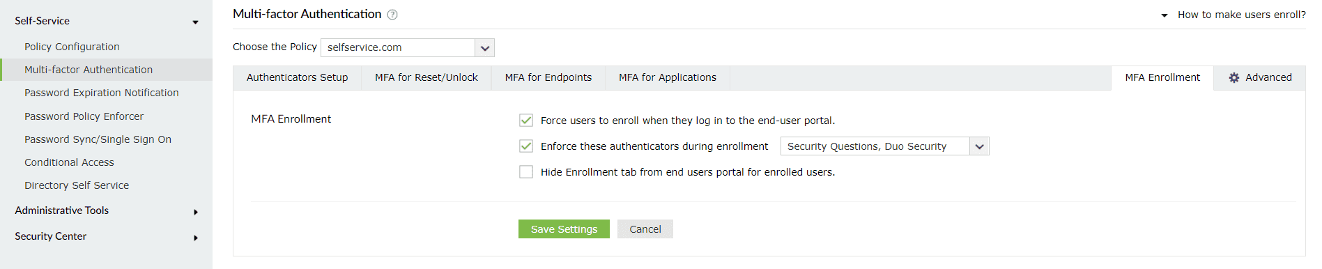 MFA enrollment in ADSelfService Plus.