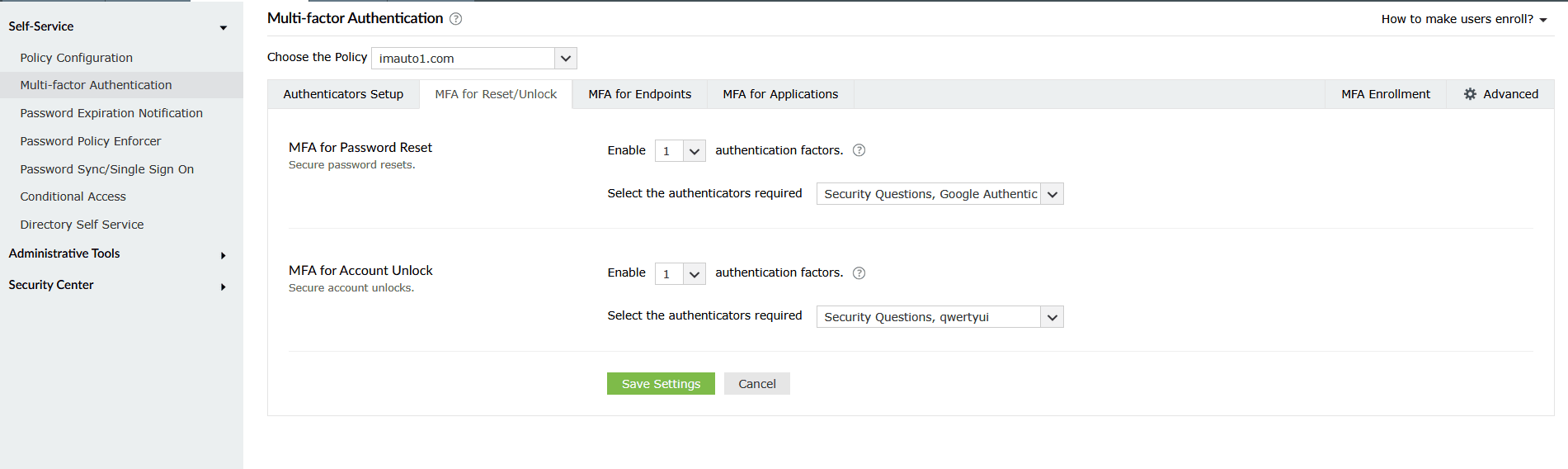 MFA for password resets and account unlocks in ADSelfService Plus