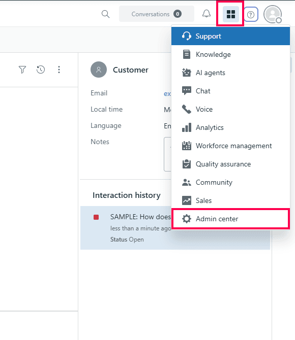 Navigating to the Zendesk admin center to configure SAML SSO via ADSelfService Plus
