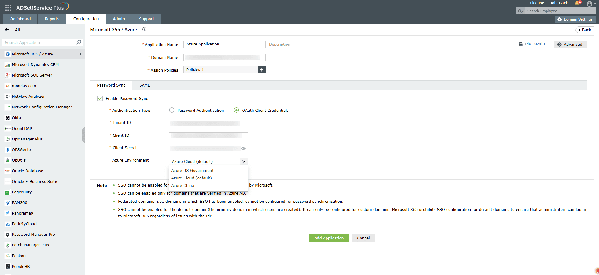 OAuth Client Credentials configuration for Microsoft 365/Azure in ADSelfService Plus