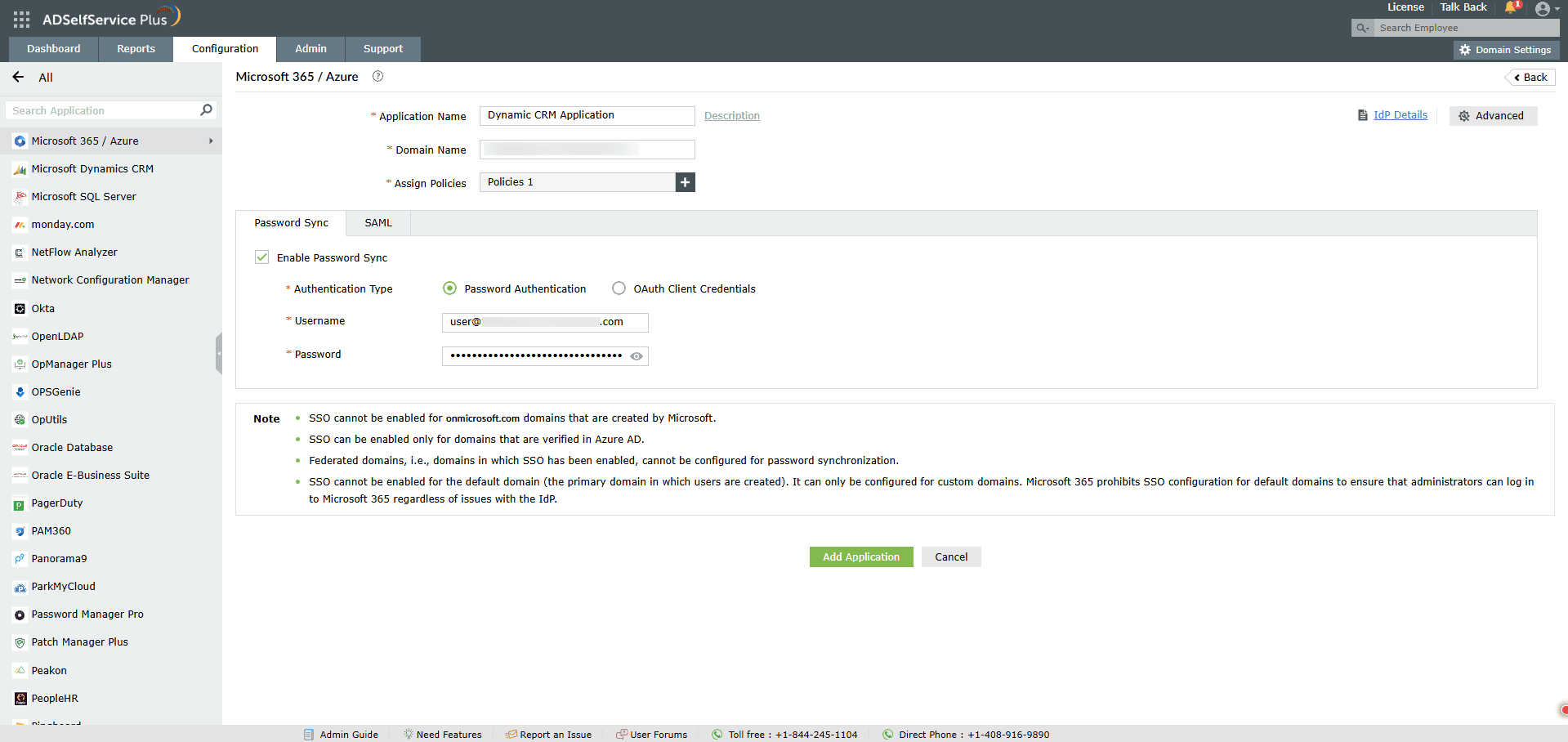 Password authentication for Microsoft 365/Azure in ADSelfService Plus