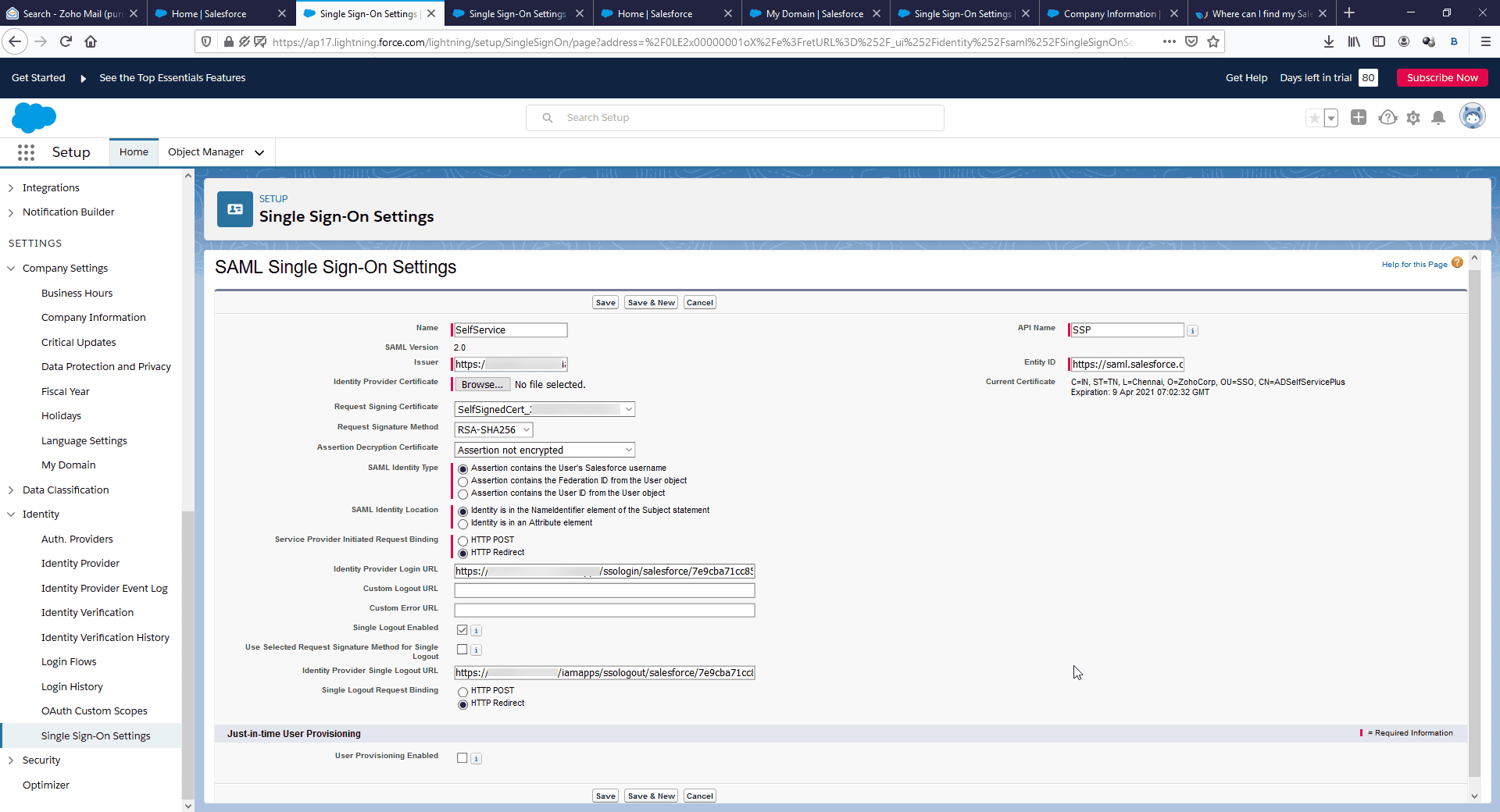 Salesforce SAML SSO settings for ADSelfService Plus