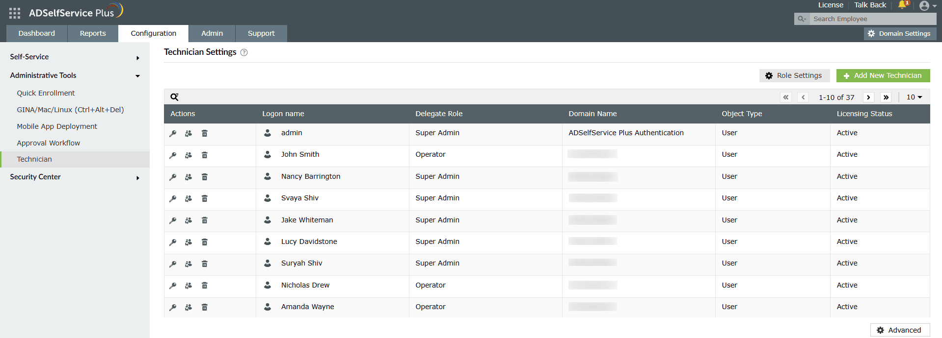 Technician settings in ADSelfService Plus