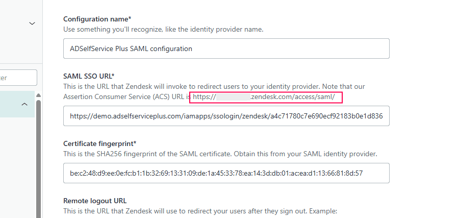 Zendesk ACS URL for ADSelfService Plus