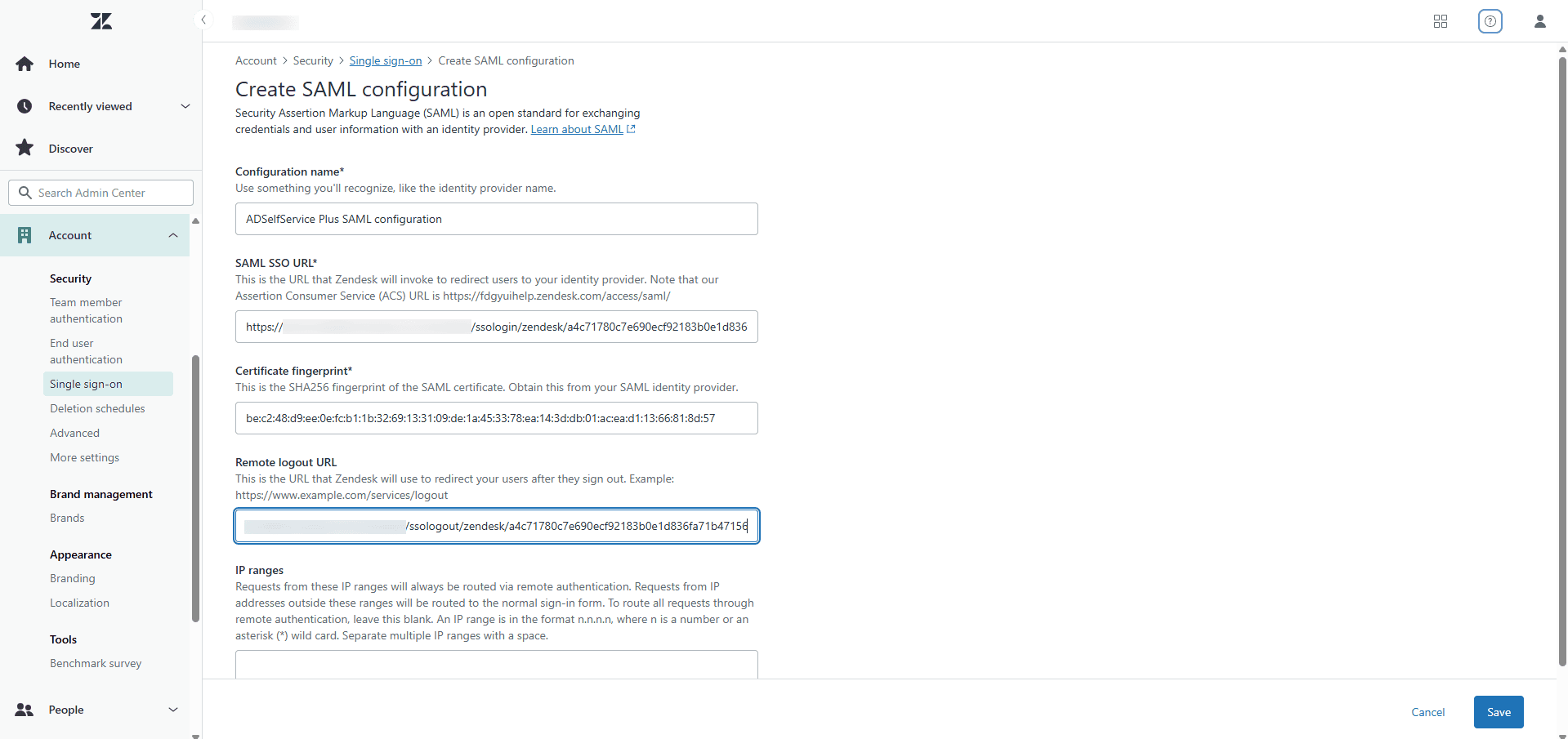 Zendesk SAML SSO settings for ADSelfService Plus