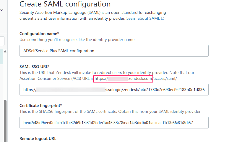 Zendesk login initiate URL for ADSelfService Plus