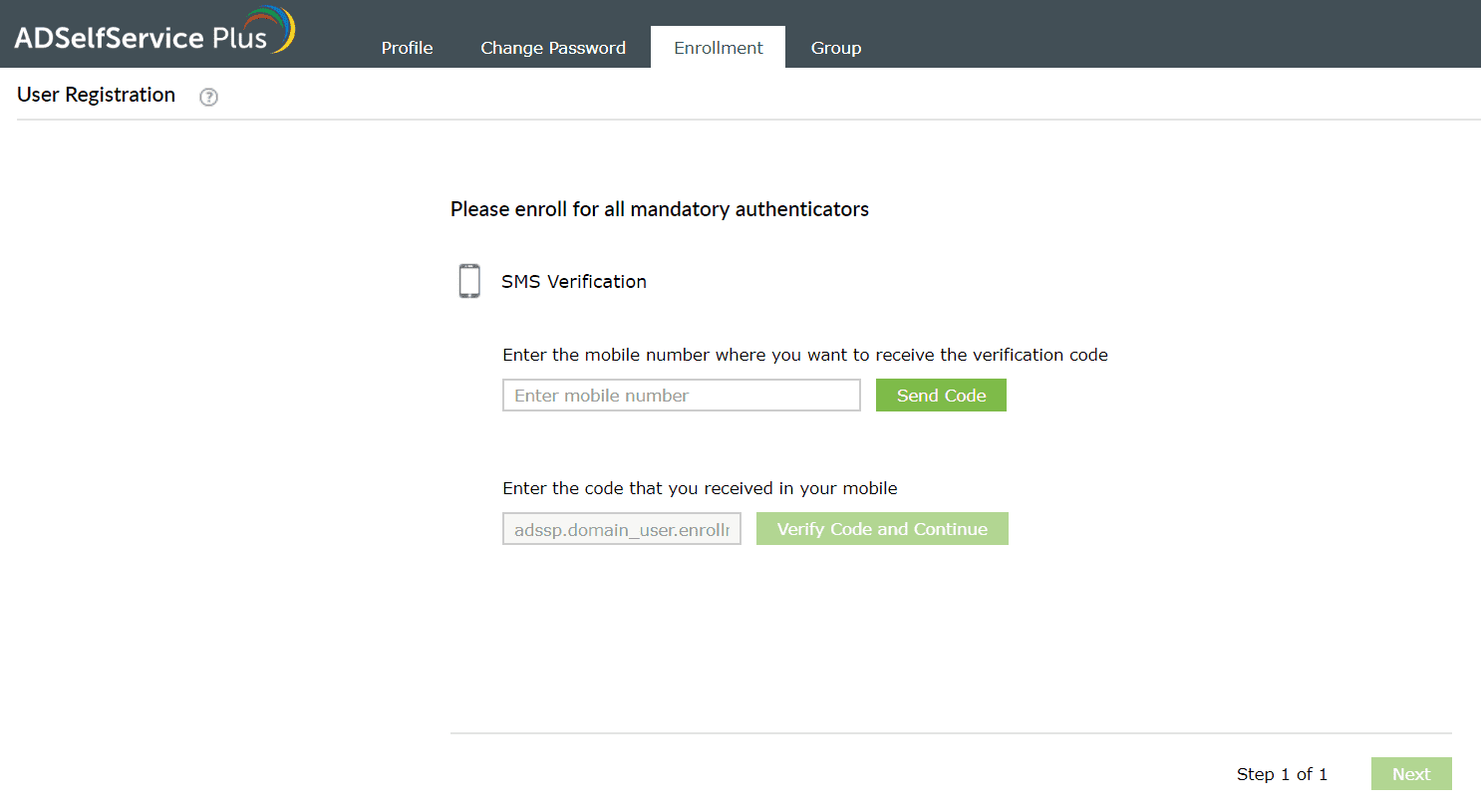 Enrolling in ADSelfService Plus' SMS authenticator