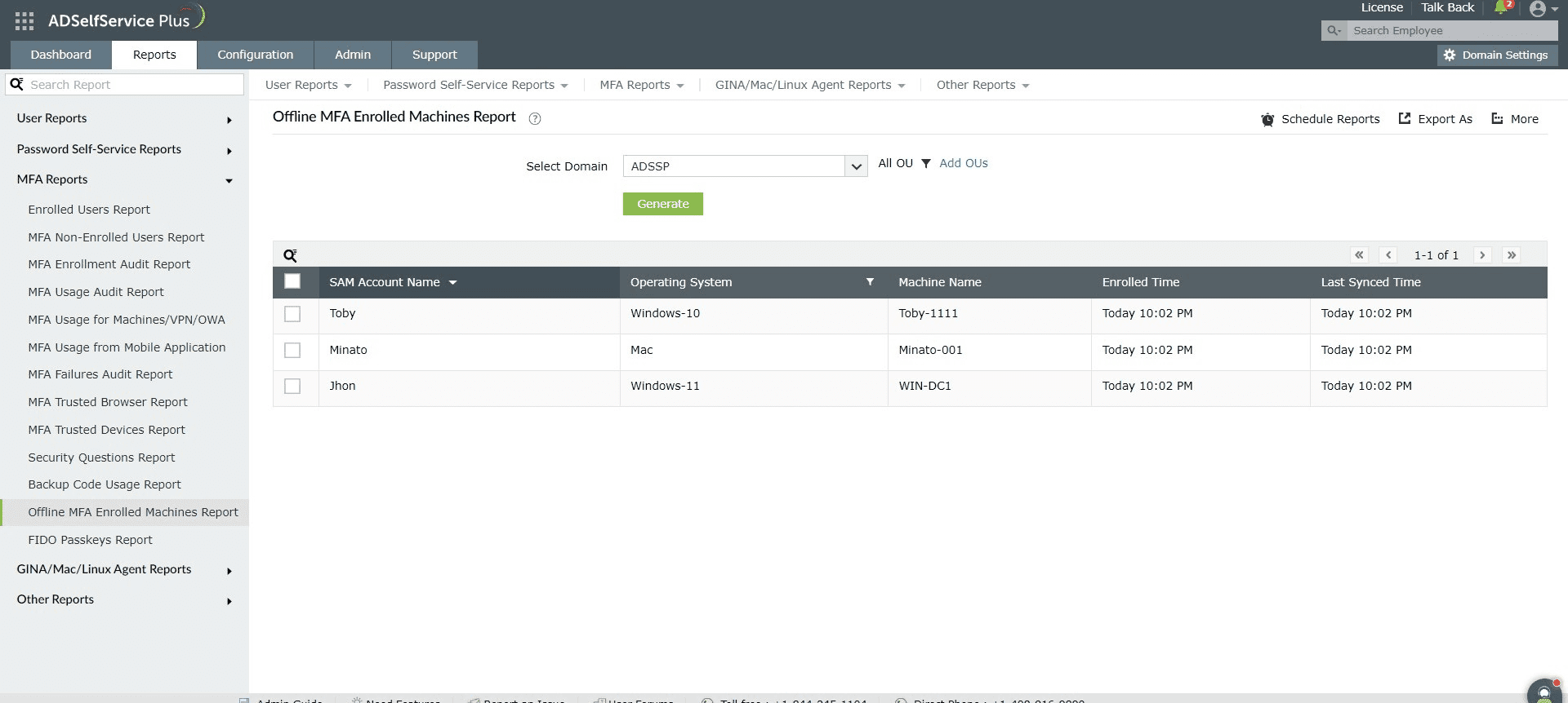 Fig. 23: Offline MFA Enrolled Machines Report in ADSelfService Plus.