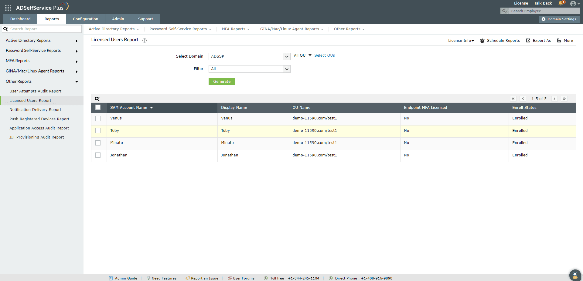 Fig. 28: Licensed Users Report in ADSelfService Plus.