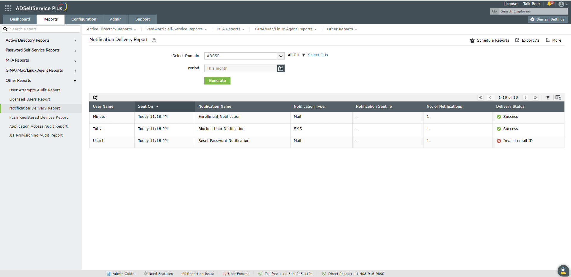 Fig. 29: Notification Delivery Report in ADSelfService Plus.