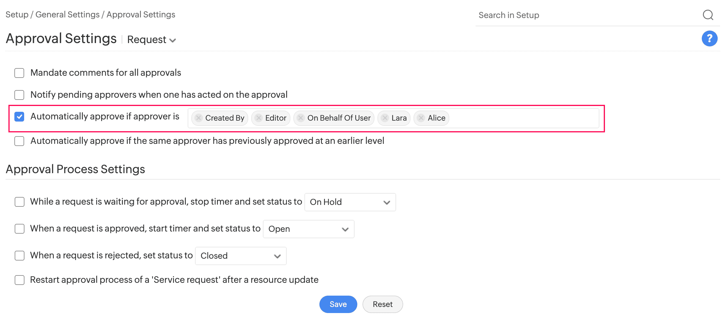 Approval setting request