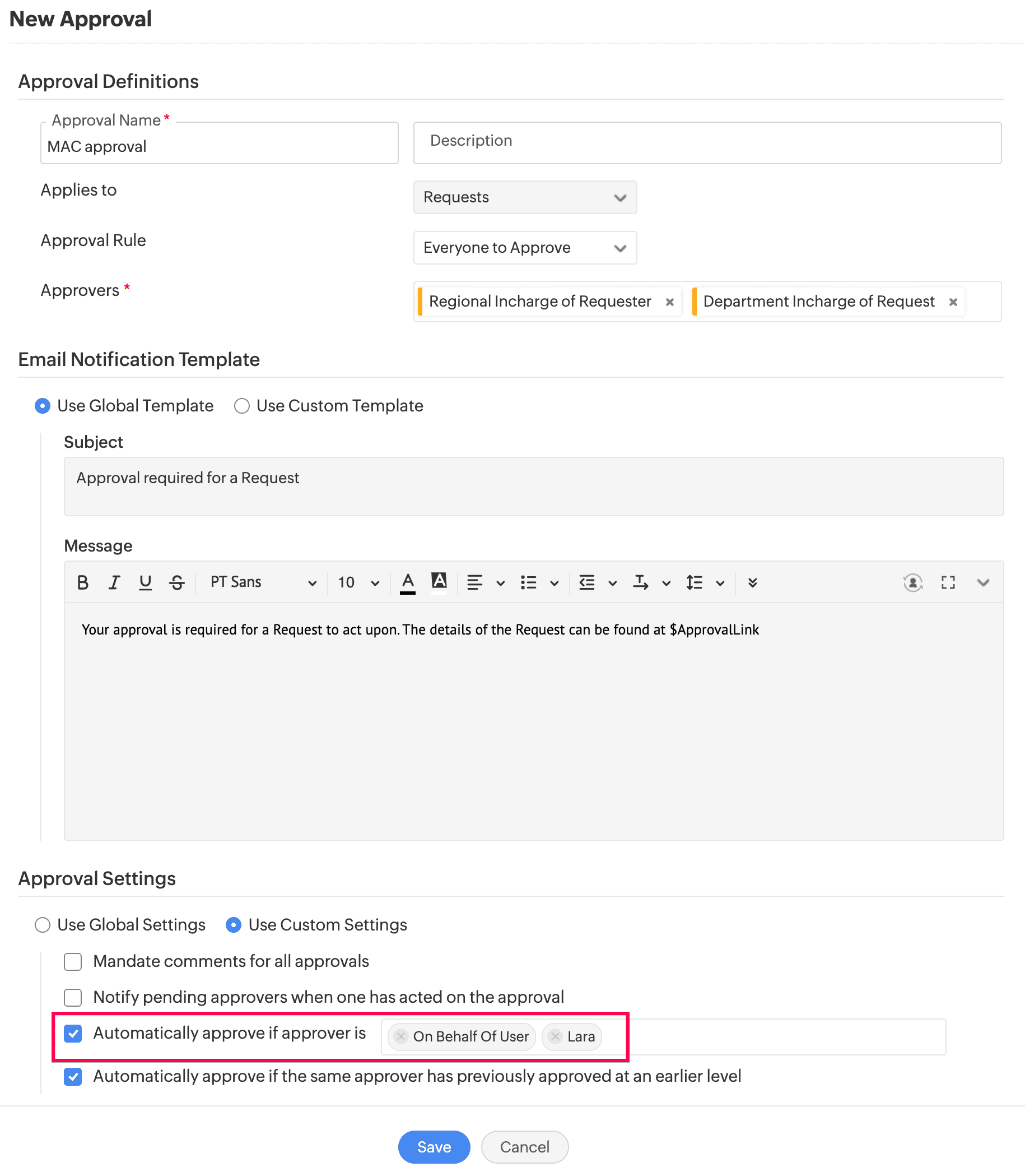 custom settings in approval actions