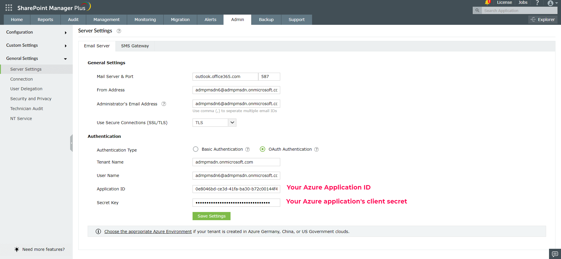 Configuring email server using Azure application in SharePoint Manager Plus
