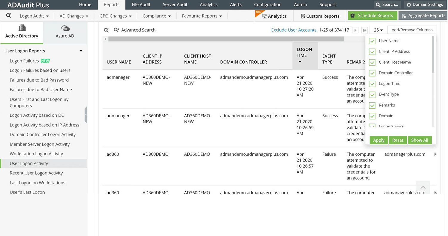 Monitoree todos los datos de inicio de sesión con ADAudit Plus