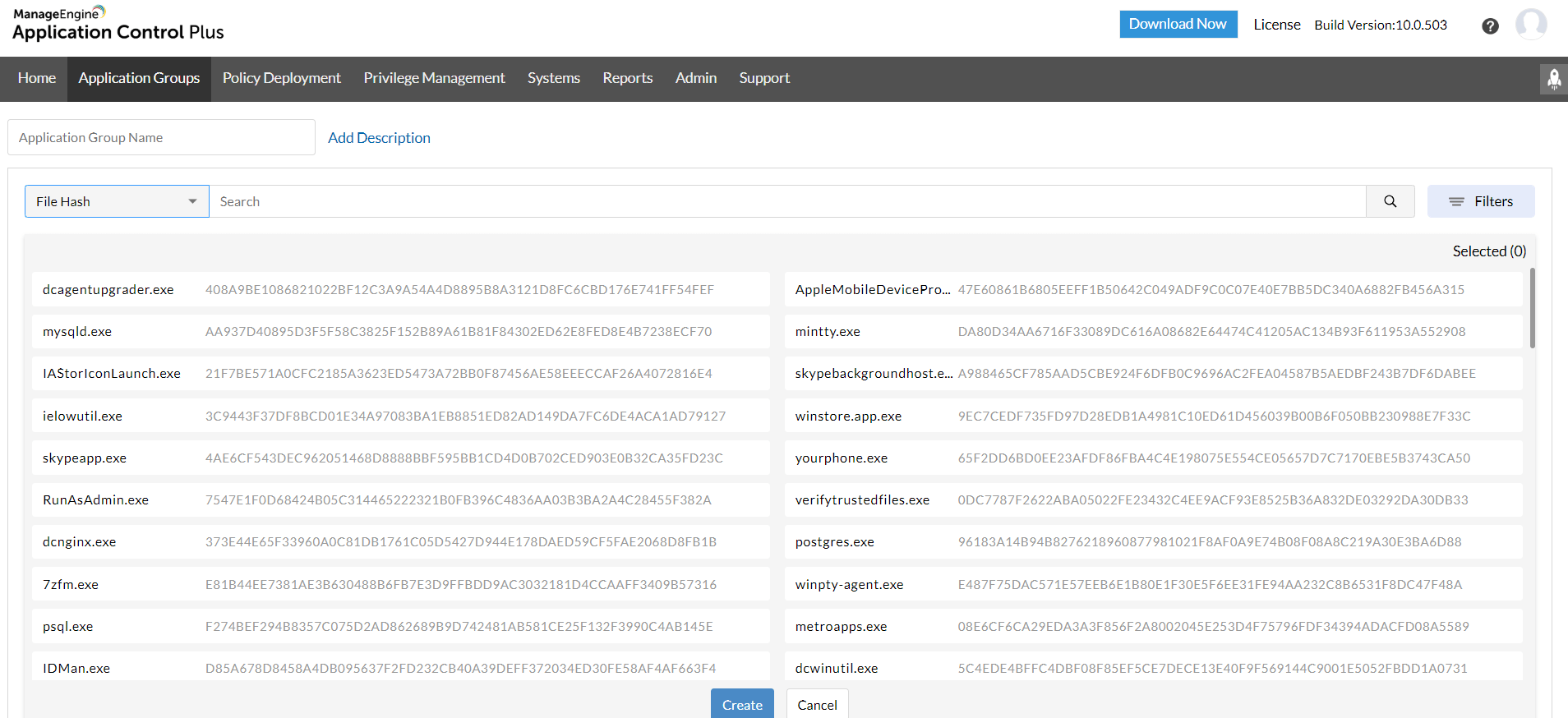 Lista de aplicaciones bloqueadas - Dashboard de regla del hash de archivos