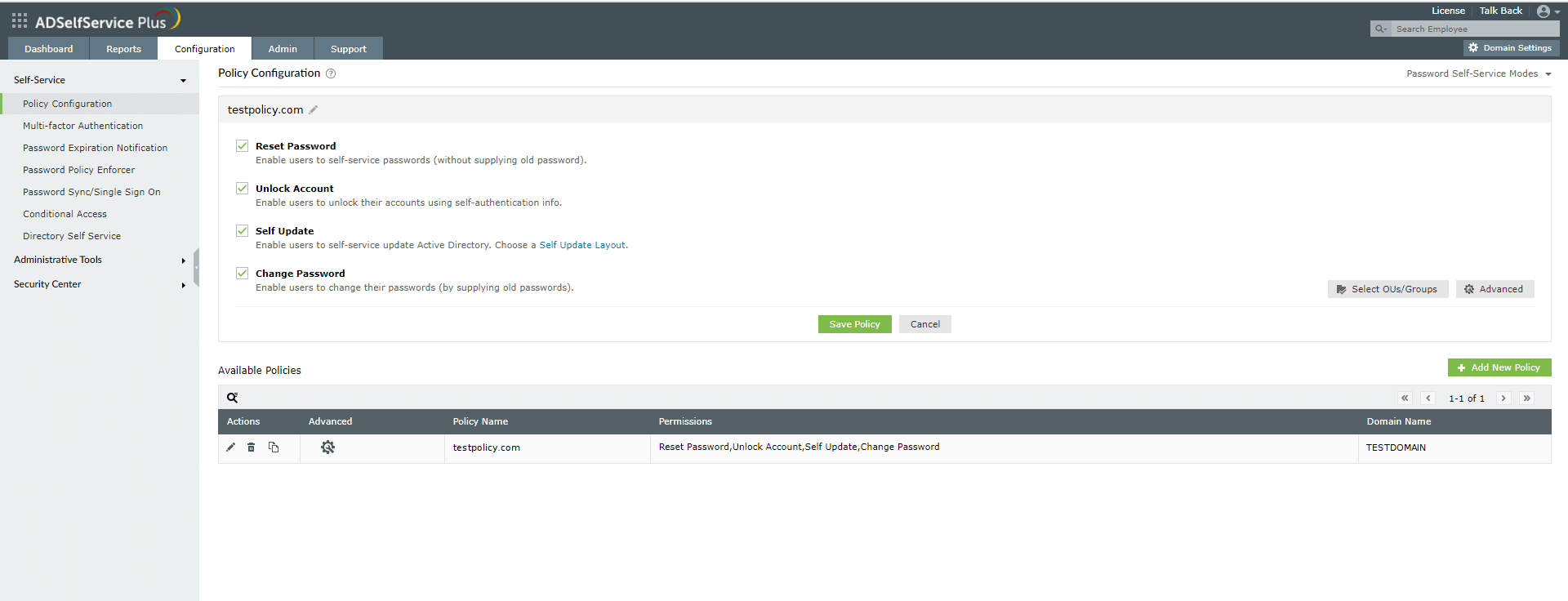 Self-service policy configuration