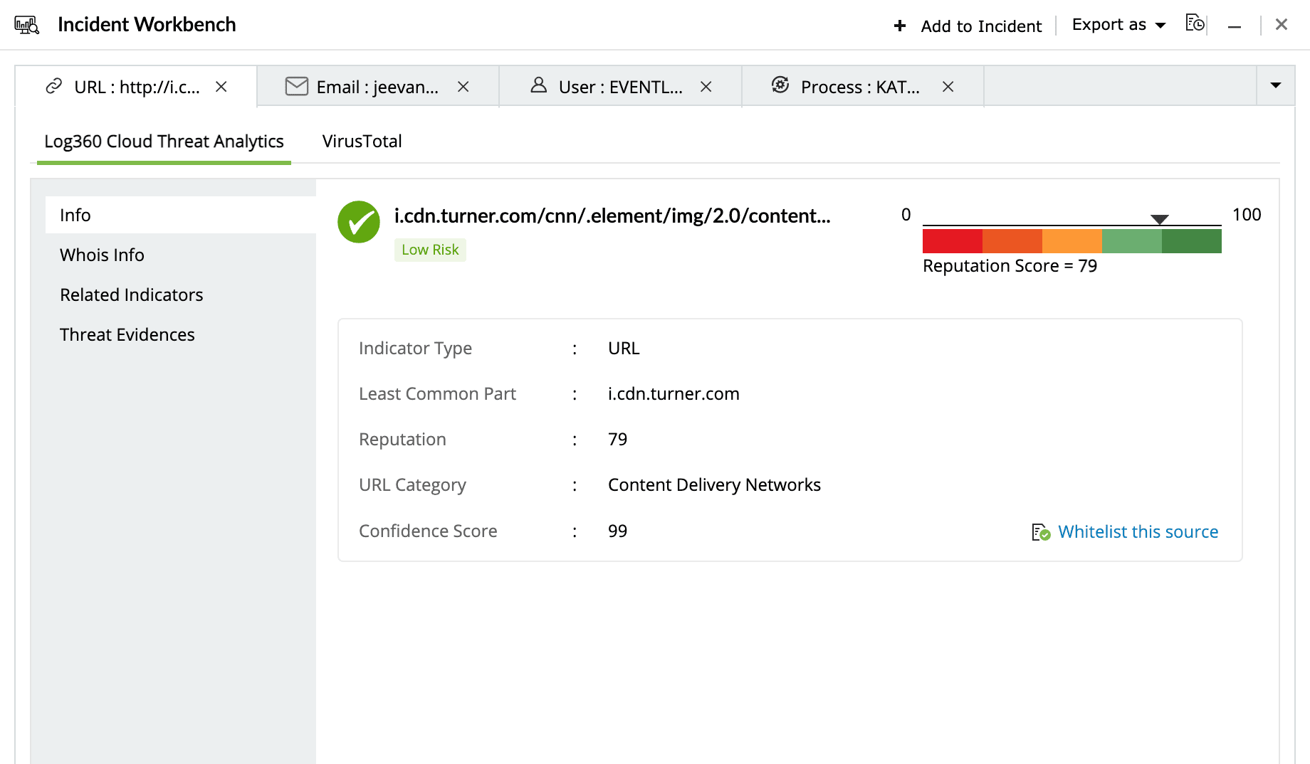 Reputation score of seemingly malicious IP addresses and domains.