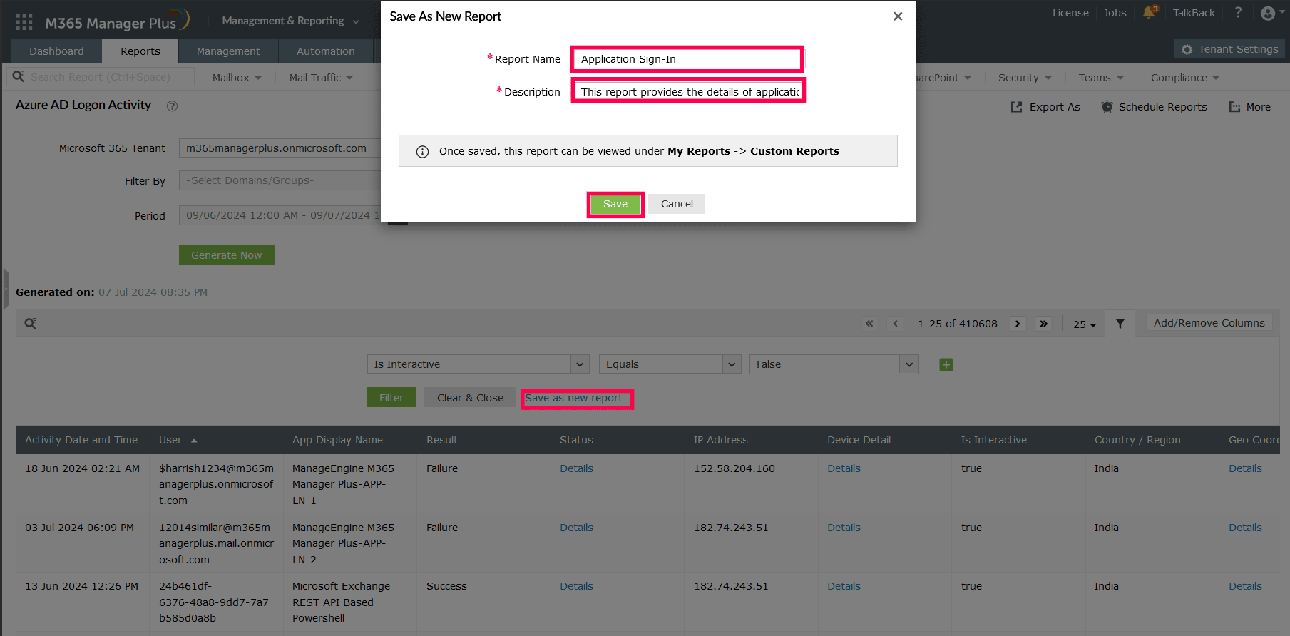 The filtered Microsoft Entra ID Logon Activity report being saved as a new custom report