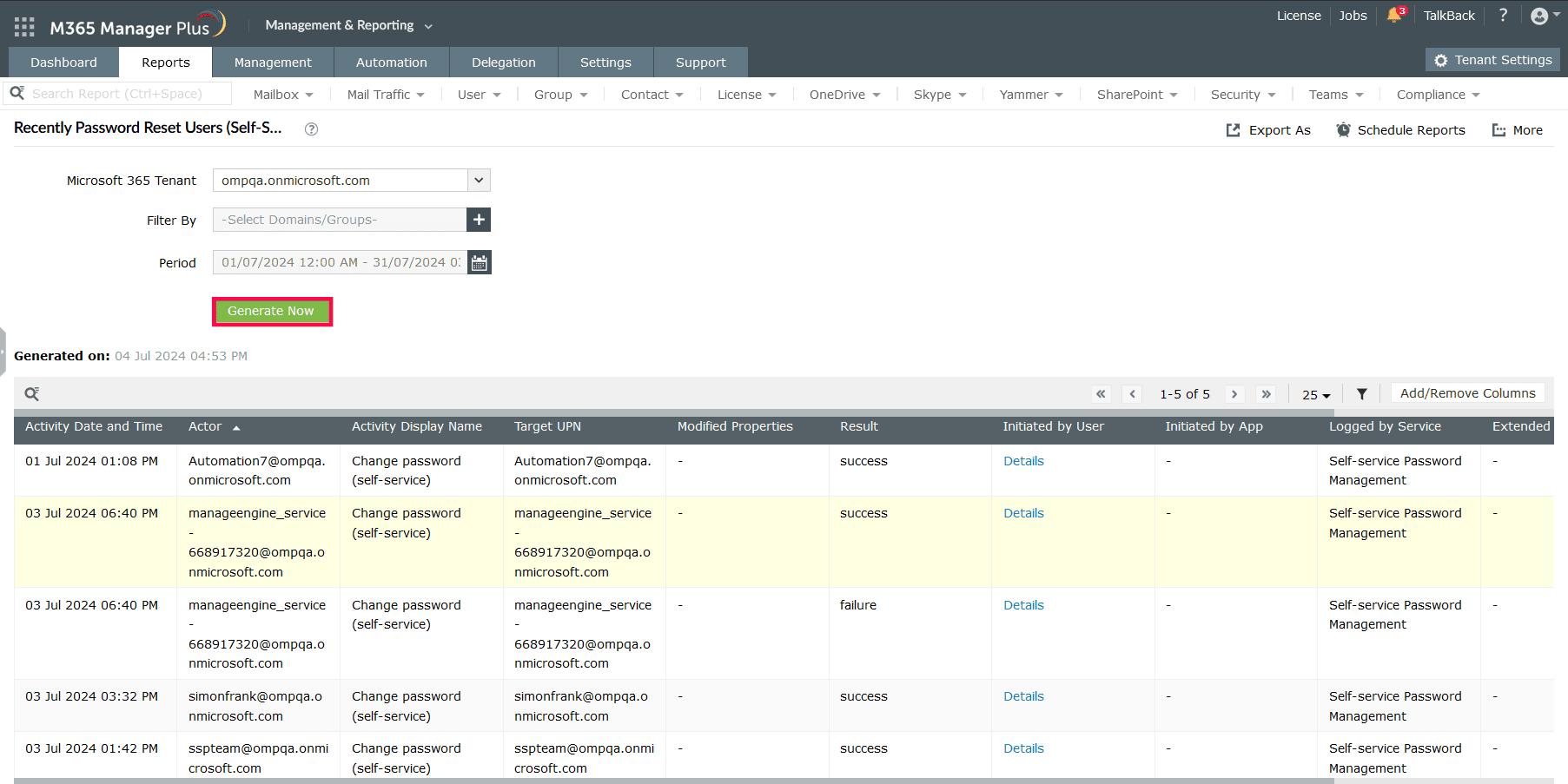 The Recently Password Reset Users (Self-Service) report configured to display self-service password resets by users.