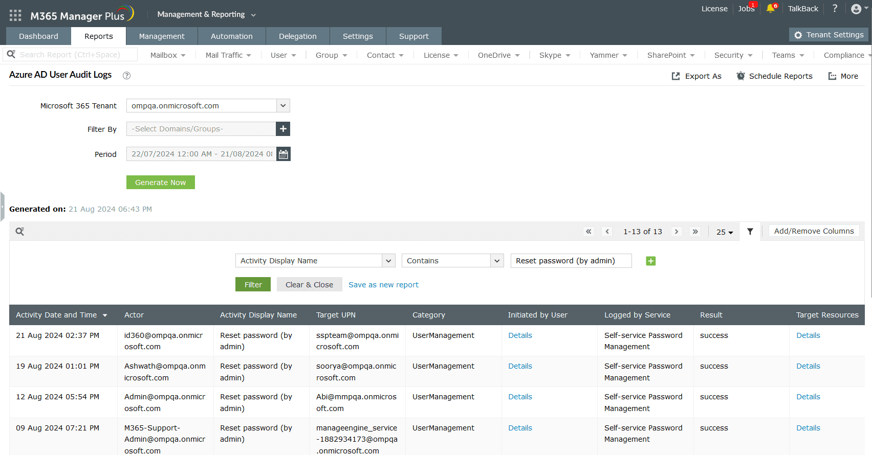 The Azure AD User Audit Logs report with the Filter menu configured to track the Reset password (by admin) Activity Display Name.