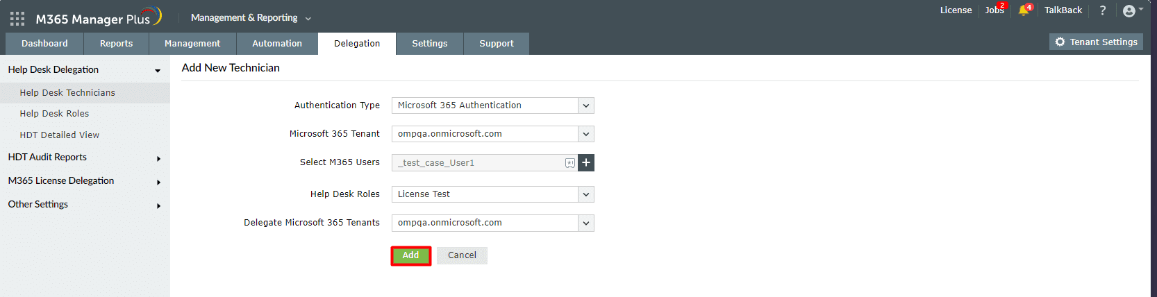 The Add New Technician page in M365 Manager Plus with the fields to select the users, the tenant from which they will be selected, the technician role that will be assigned to them, and the tenant that will be delegated to them.