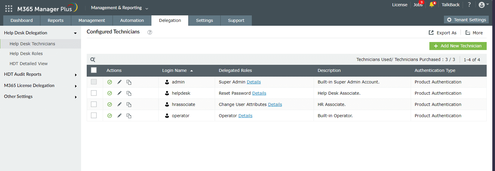 The Configured Technicians page in M365 Manager Plus with the option to add a new technician highlighted.